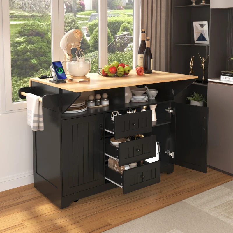 Kitchen Island with 3 Drawers, 2 Drop Leaves, Power Outlet, Spice Rack, Rolling Cart for Kitchen, Dining Room, 56" L x 33.5" W x 36.5" H, Black