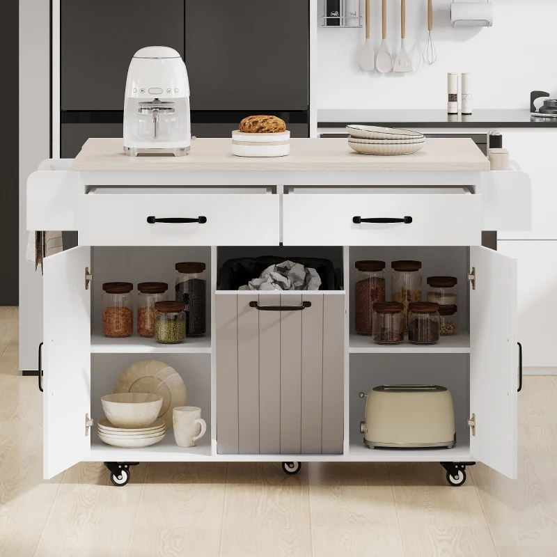 Rolling Cart with Tilt-Out Trash Cabinet, Spice and Towel Rack, Adjustable Shelf, Kitchen Island with Drop Leaf, 51" L x 20" W x 35" H, White