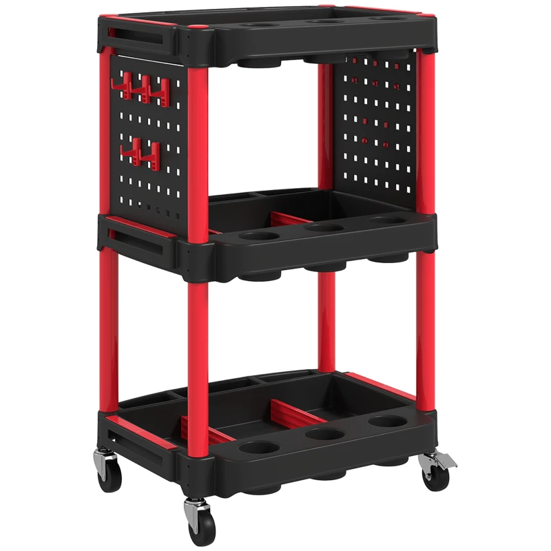 HOMCOM 3-Tier Rolling Tool Cart, 200 LBS Capacity Plastic Utility Cart with Side Shelves for Garage, Workshop, Black and Red