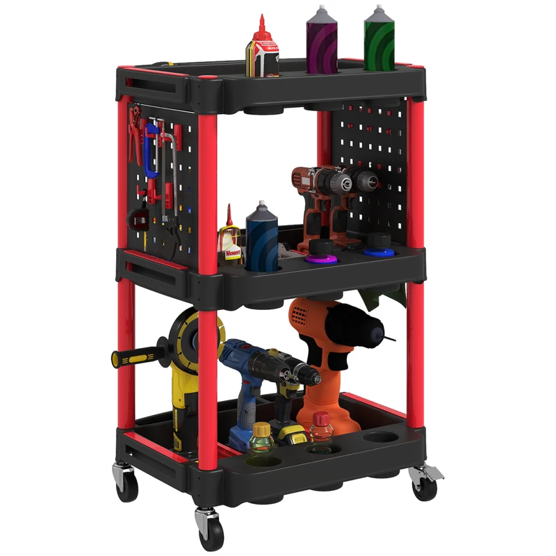 HOMCOM 3-Tier Rolling Tool Cart with Wheels, 200 LBS Capacity Plastic Utility Cart for Garage, Warehouse, Workshop, Black & Red