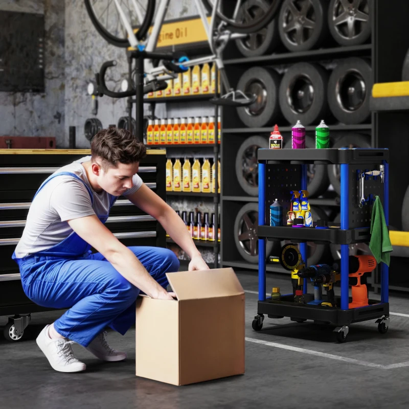 HOMCOM 3-Tier Rolling Tool Cart, 200 LBS Capacity Plastic Utility Cart with Side Shelves for Garage Workshop, Black & Dark Blue