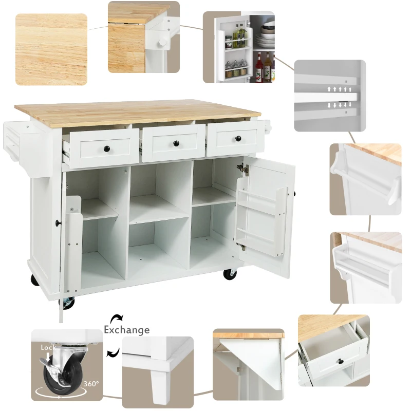 Kitchen Island with 3 Drawers, Rubber Wood Drop-Leaf Countertop, Adjustable Shelves, Rolling Cart for Kitchens, 53" L x 29.5" W x 37" H, White
