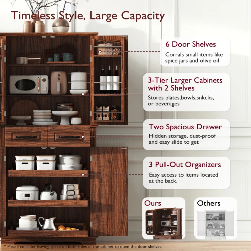 Pantry Cabinet with 6 Door Shelves, 3 Pull-Out Organizers, 2 Drawers, Kitchen Cupboard with Embossed Texture, 31.5" L x 16" W x 72" H, Brown