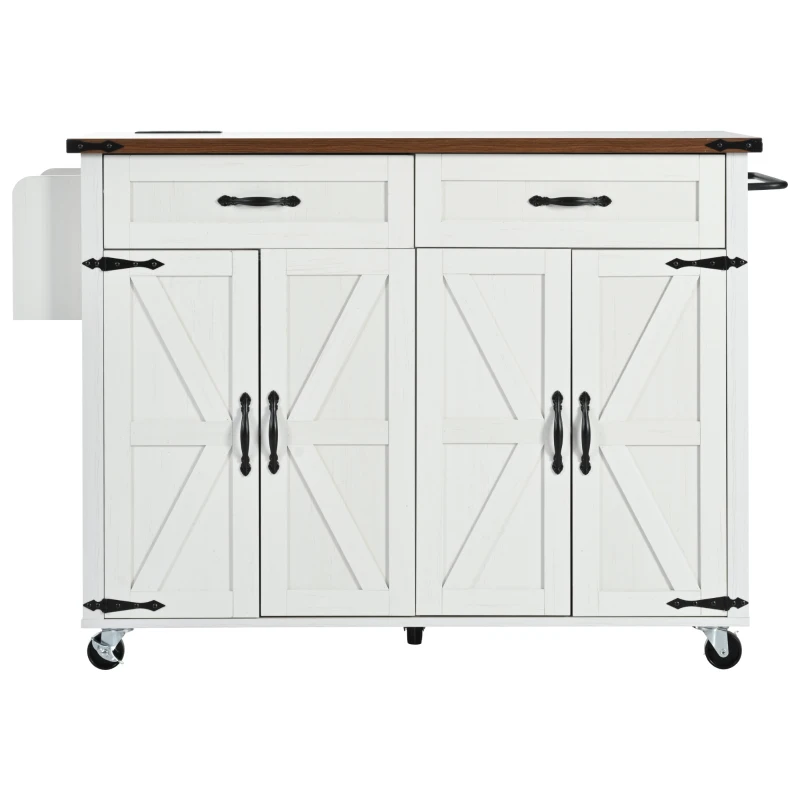 Farmhouse Style Kitchen Island with Power Outlet, Drop Leaf, Spice Rack, Rolling Car with Storage Drawers, 53.5" L x 29" W x 36.5" H, White