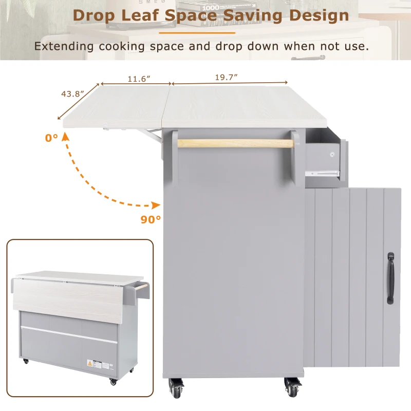 Kitchen Island with Trash Cabinet, Drawers and Shelves, Drop Leaf, Spice and Towel Rack, Rolling Cart for Kitchens, 51" L x 20" W x 35" H, Grey