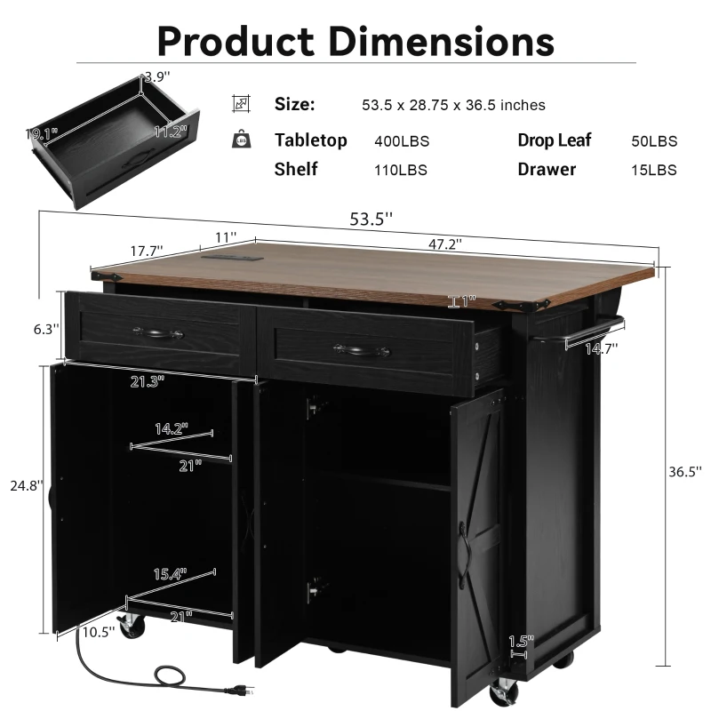 Farmhouse Kitchen Island with Spice Rack, Storage Drawers, Power Outlet, Rolling Car with Drop Leaf, 53.5" L x 29" W x 36.5" H, Black