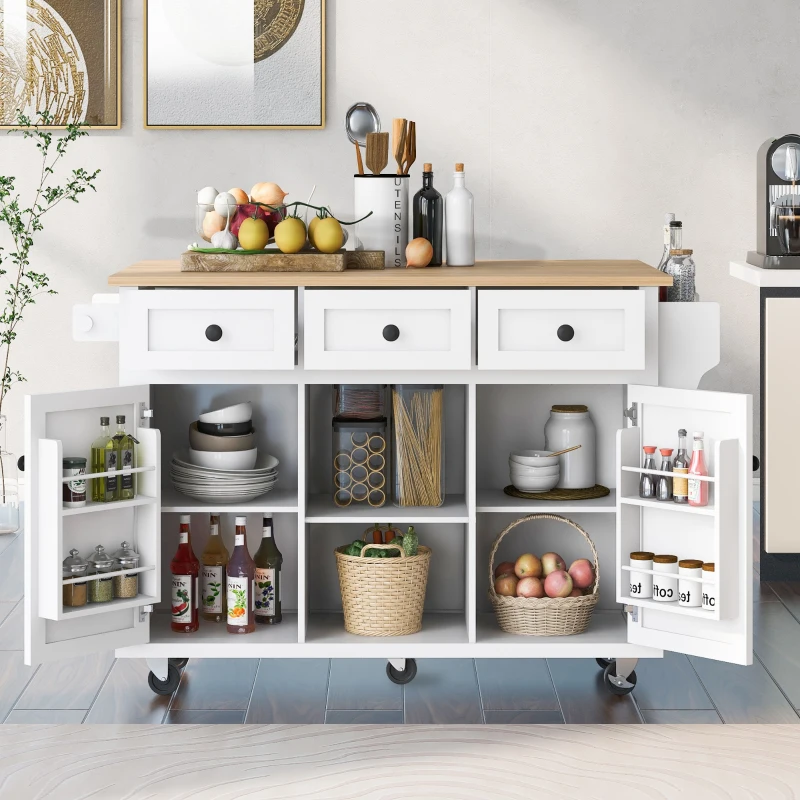 Kitchen Island with 3 Drawers, Rubber Wood Drop-Leaf Countertop, Adjustable Shelves, Rolling Cart for Kitchens, 53" L x 29.5" W x 37" H, White