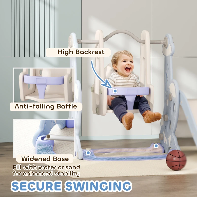 Qaba 4 in 1 Toddler Slide and Swing Set for Ages 1.5-4, Toddler Playset Playground with Climber, Basketball Hoop, Light Blue