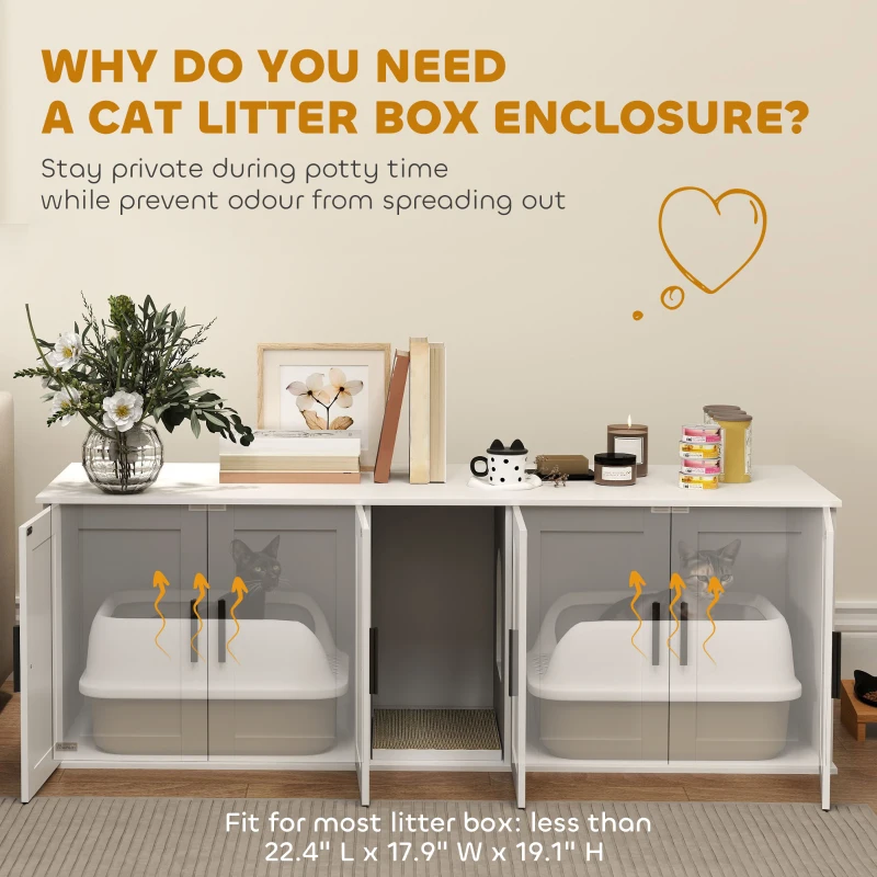 PawHut Cat Litter Box Enclosure with Double Room, Scratching Mat for 2 Cats, 57" x 19" x 20", White