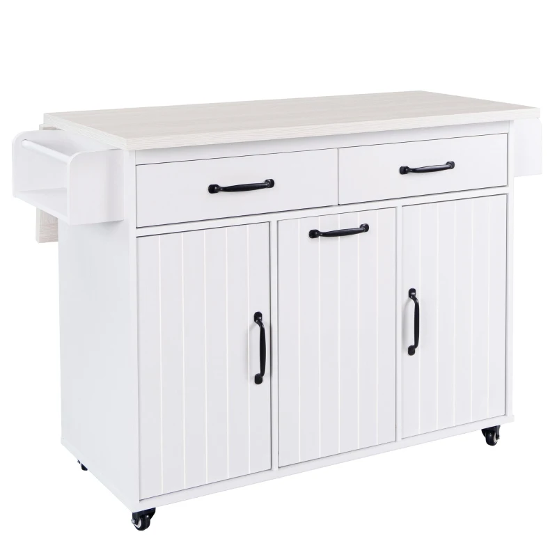 Rolling Cart with Tilt-Out Trash Cabinet, Spice and Towel Rack, Adjustable Shelf, Kitchen Island with Drop Leaf, 51" L x 20" W x 35" H, White