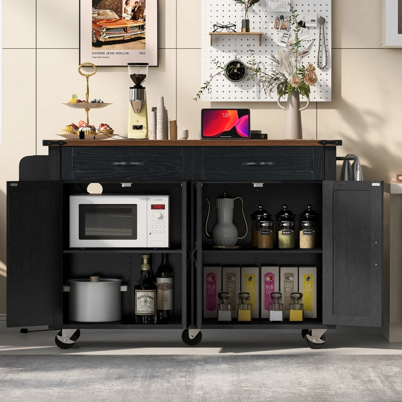 Farmhouse Kitchen Island with Spice Rack, Storage Drawers, Power Outlet, Rolling Car with Drop Leaf, 53.5" L x 29" W x 36.5" H, Black