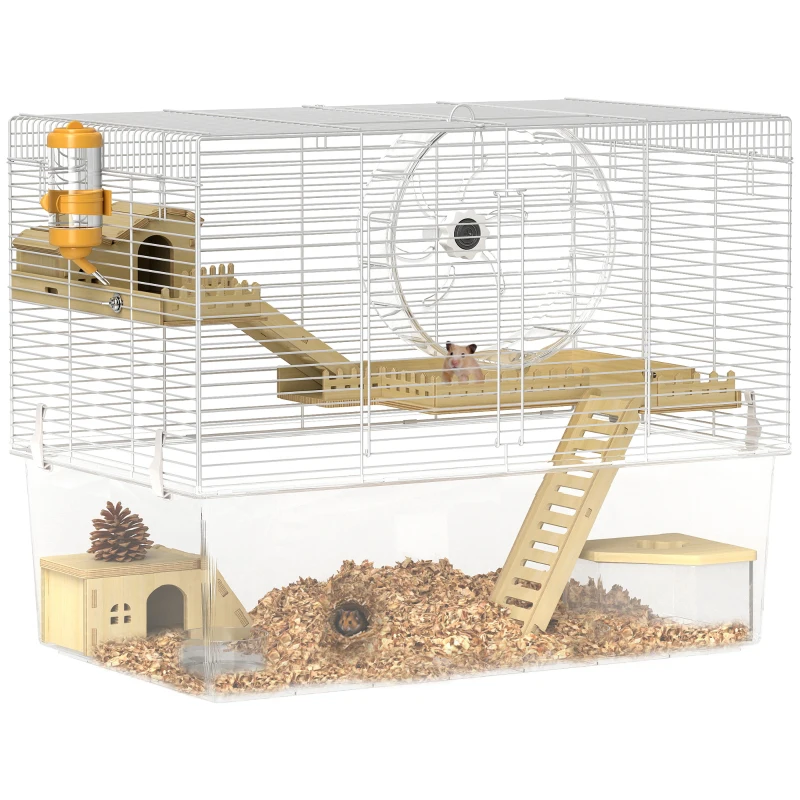 PawHut Hamster Cage with Deep Bottom, Wooden Ramp, Hut, Bathroom and Exercise Wheel for Hamster and Gerbil, White