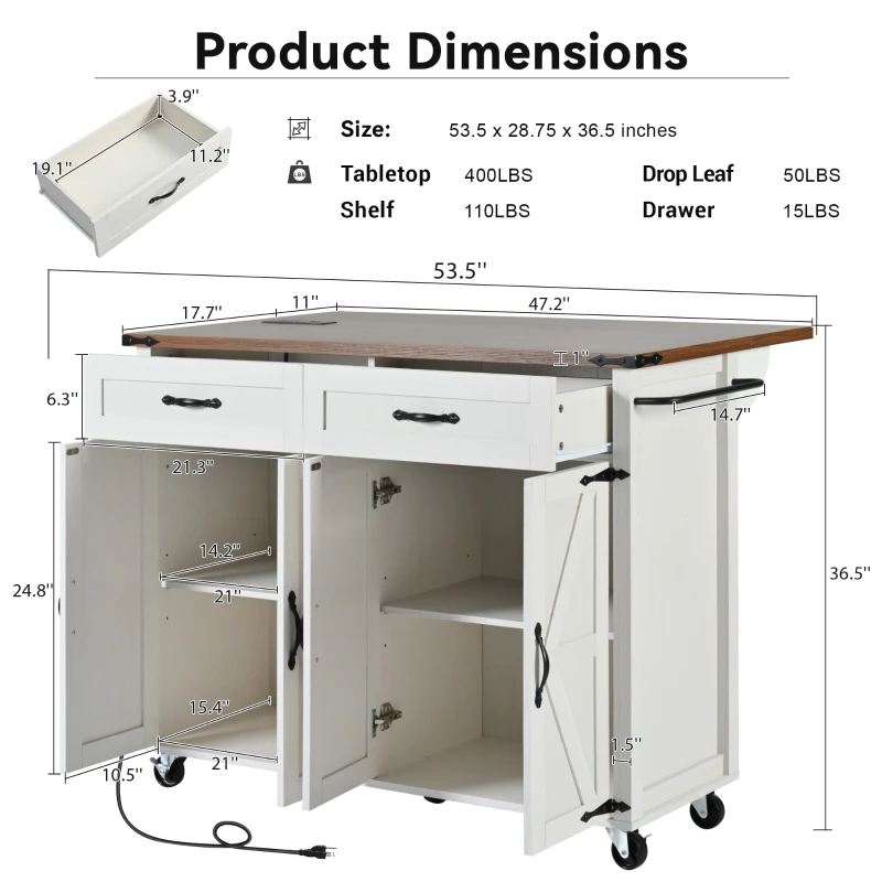 Farmhouse Style Kitchen Island with Power Outlet, Drop Leaf, Spice Rack, Rolling Car with Storage Drawers, 53.5" L x 29" W x 36.5" H, White
