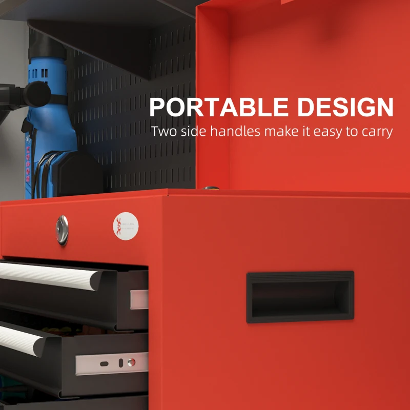 DURHAND Portable Tool Chest with 4 Drawers and Top Storage, Lockable Steel Tool Box with Latch and Keys for Garage, Red