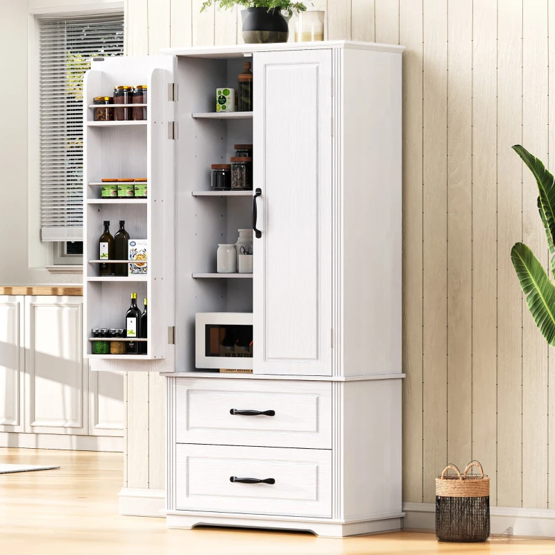 Pantry Cabinet with 2 Large Drawers, 8 Door Shelves, Embossed Texture, Farmhouse Style Kitchen Cupboard, 30.5" L x 16" W x 71" H, White