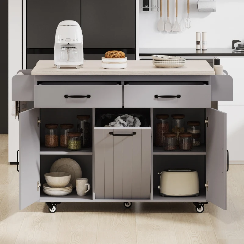 Kitchen Island with Trash Cabinet, Drawers and Shelves, Drop Leaf, Spice and Towel Rack, Rolling Cart for Kitchens, 51" L x 20" W x 35" H, Grey