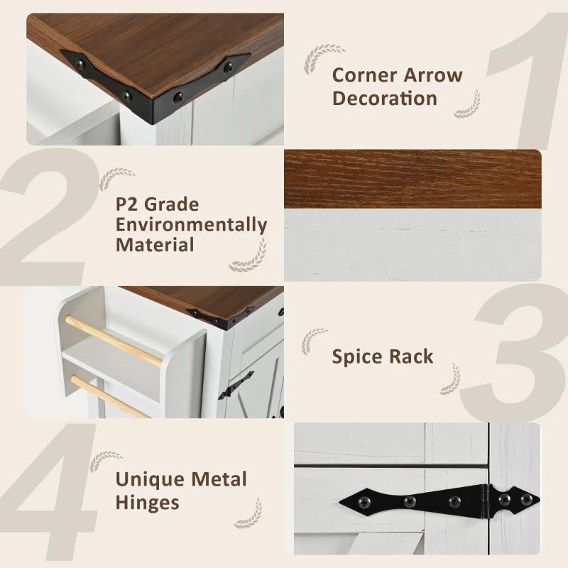 Farmhouse Style Kitchen Island with Power Outlet, Drop Leaf, Spice Rack, Rolling Car with Storage Drawers, 53.5" L x 29" W x 36.5" H, White