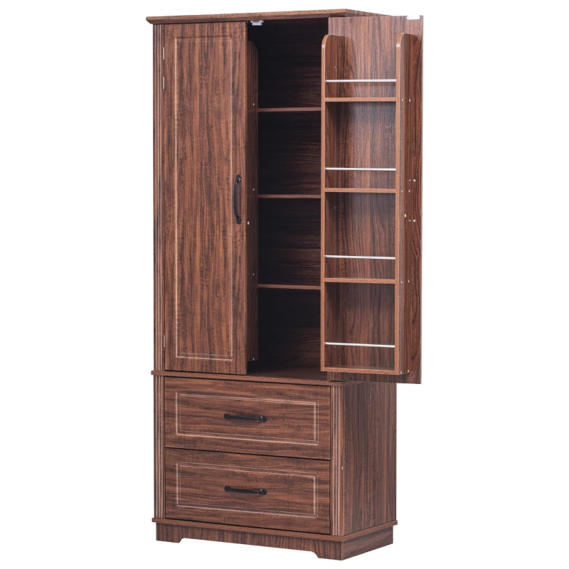 Pantry Cabinet with 8 Door Shelves, 2 Large Drawers, Embossed Texture, Farmhouse Style Kitchen Cupboard, 30.5" L x 16" W x 71" H, Brown