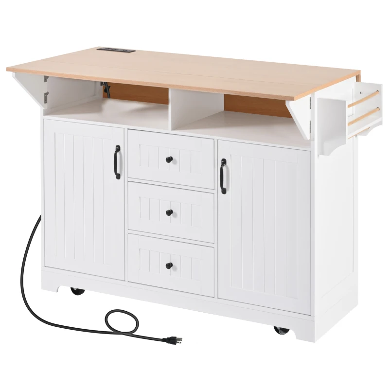 Kitchen Island with 2 Drop Leaves, 3 Drawers, Spice Rack, Power Outlet, Rolling Cart for Dining Room, Kitchen, 56" L x 33.5" W x 36.5" H, White