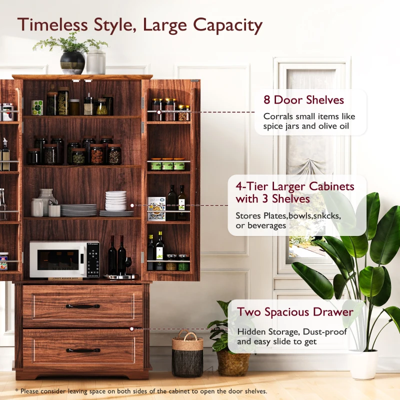 Pantry Cabinet with 8 Door Shelves, 2 Large Drawers, Embossed Texture, Farmhouse Style Kitchen Cupboard, 30.5" L x 16" W x 71" H, Brown