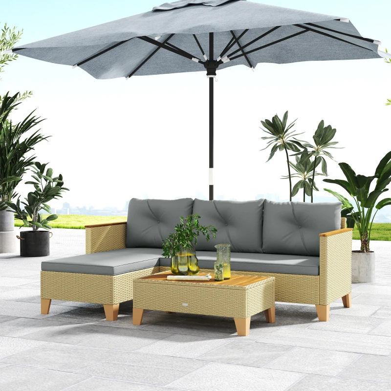 Outsunny 3 Piece Patio Furniture Set, L-Shaped Outdoor Furniture Conversation Set with Wood Top Coffee Table, Light Grey