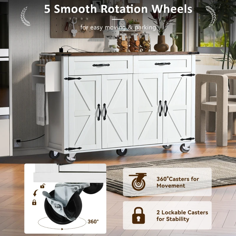 Farmhouse Style Kitchen Island with Power Outlet, Drop Leaf, Spice Rack, Rolling Car with Storage Drawers, 53.5" L x 29" W x 36.5" H, White