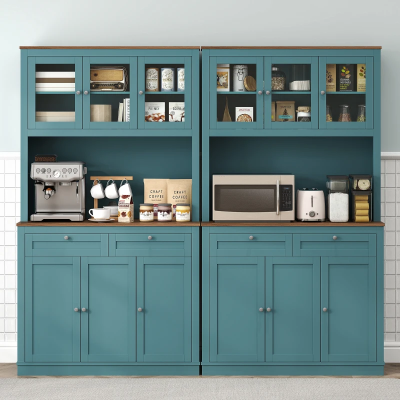 HOMCOM 71" Kitchen Pantry Cabinet with Microwave Stand, Kitchen Hutch with 2 Drawers and Adjustable Shelves, Green