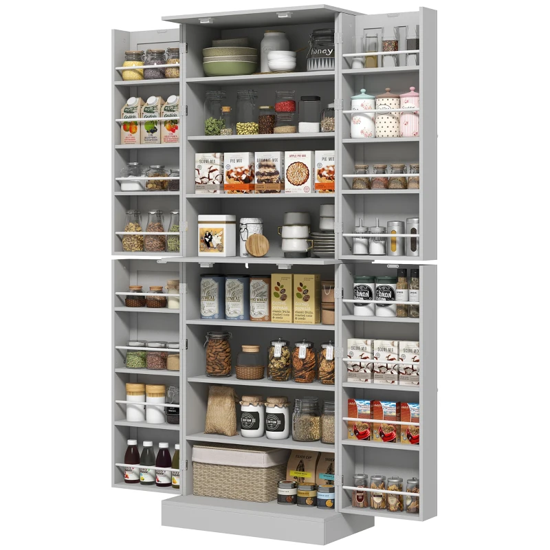 HOMCOM 65" Kitchen Cabinet, Kitchen Pantry Cabinet with 4 Doors and 16 Door Shelves for Dining Room, Grey