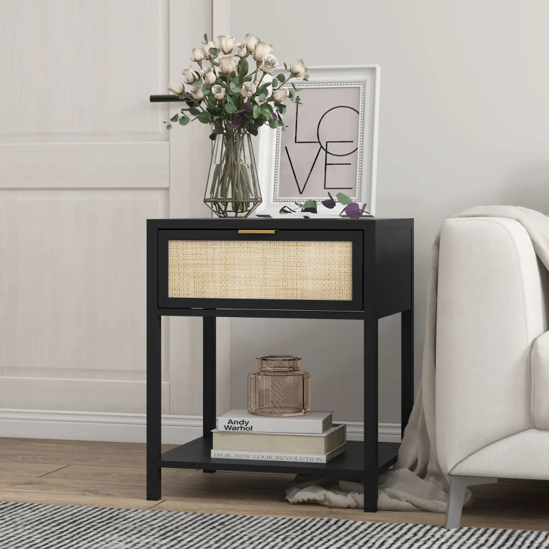 HOMCOM Boho Nightstand, Bedside Table with Rattan Drawer and Open Shelf, Side End Table for Bedroom, Living Room, Black