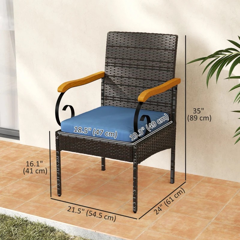 Outsunny Set of 2 Rattan Outdoor Dining Chairs, Wicker Patio Chairs with Removable Cushion, Acacia Wood Armrests, Navy Blue