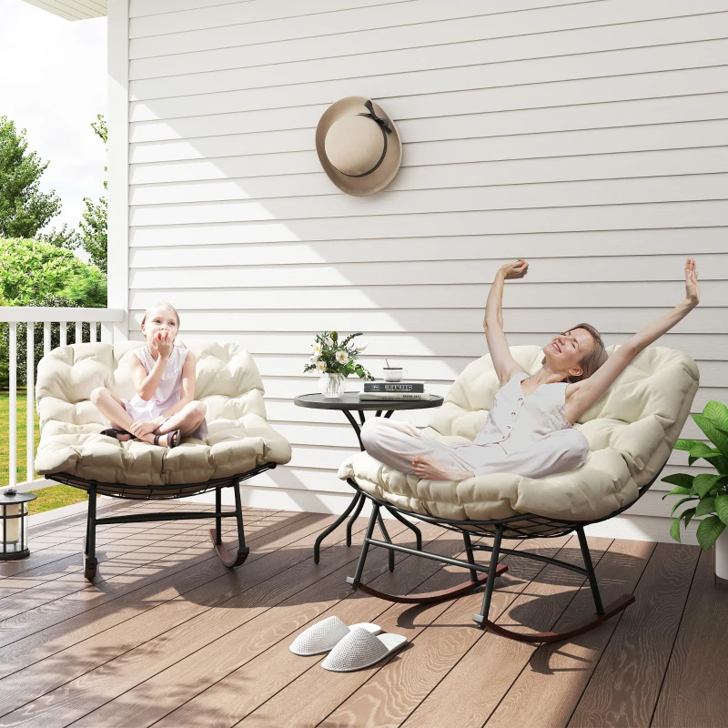 Outsunny Outdoor Rocking Chair Patio Set of 2, Oversized Rocking Papasan Chairs with Cushions for Garden Porch, 265 lbs., Beige