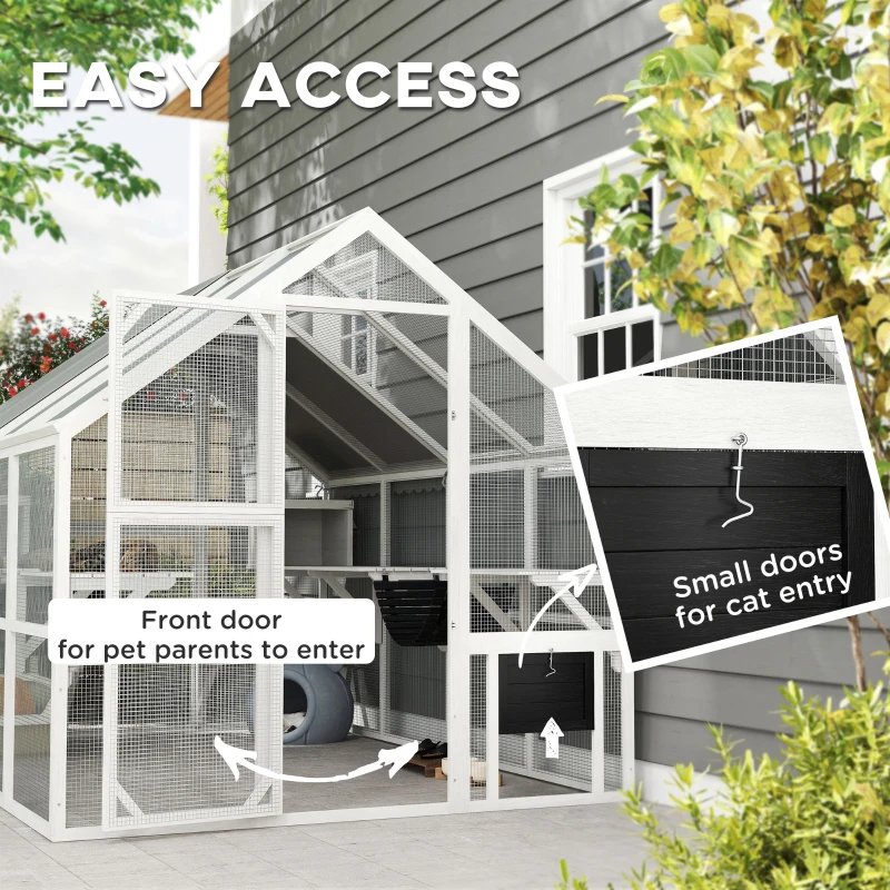 PawHut Wooden Catio Outdoor Cat Enclosure with Waterproof Cover, 2 Condos, 6 Platforms, Bridge, Doors, White