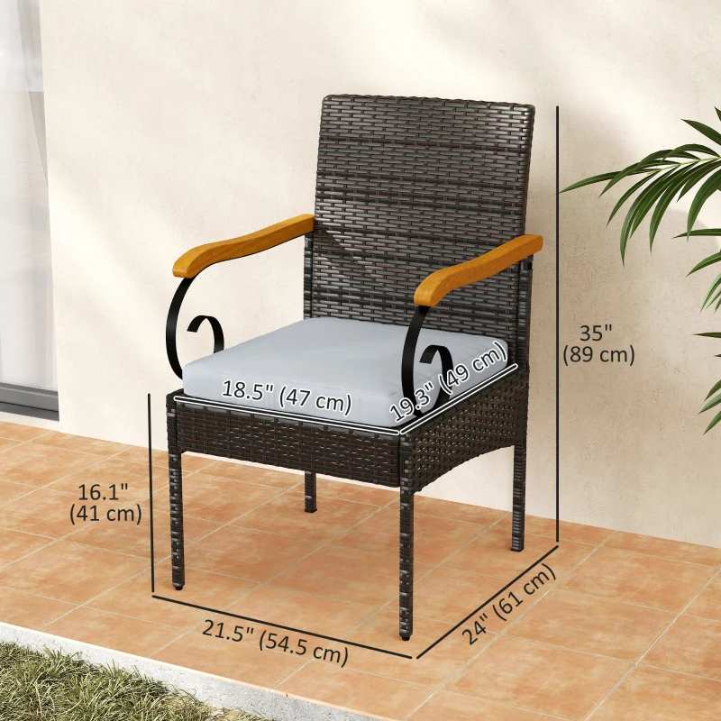 Outsunny Set of 2 Rattan Outdoor Dining Chairs, Wicker Patio Chairs with Removable Cushion, Acacia Wood Armrests, Light Grey