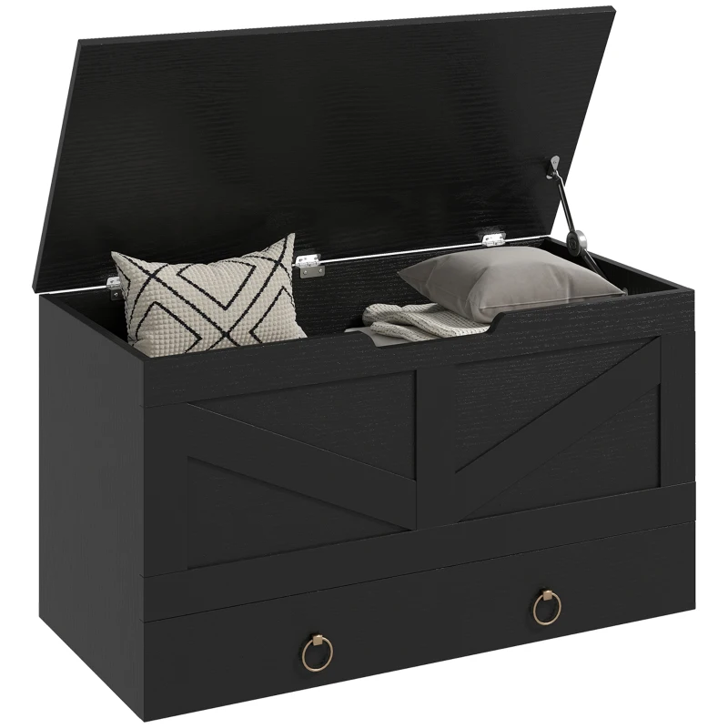 HOMCOM 31.5 Inches Storage Chest, Storage Trunk with 2 Safety Hinges for Living Room, Black Wood Grain