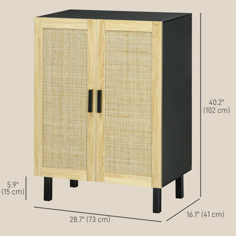 HOMCOM Boho Sideboard, Buffet Cabinet with Storage, Accent Cabinet with 2 Rattan Doors and Adjustable Shelves, Black
