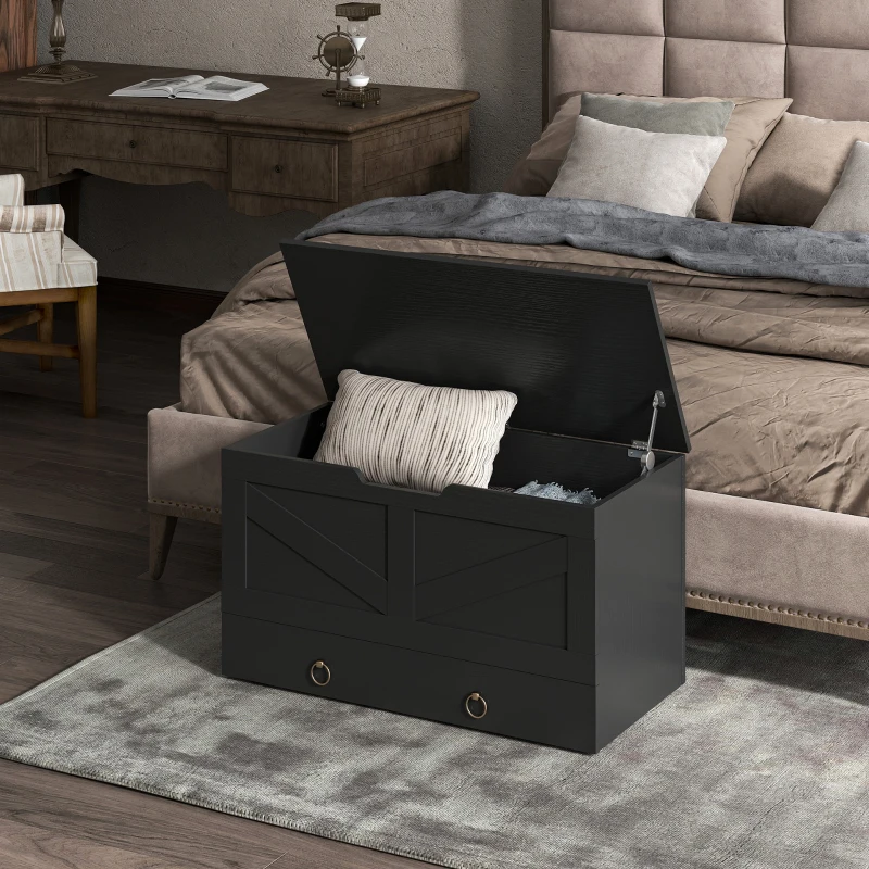 HOMCOM 31.5 Inches Storage Chest, Storage Trunk with 2 Safety Hinges for Living Room, Black Wood Grain