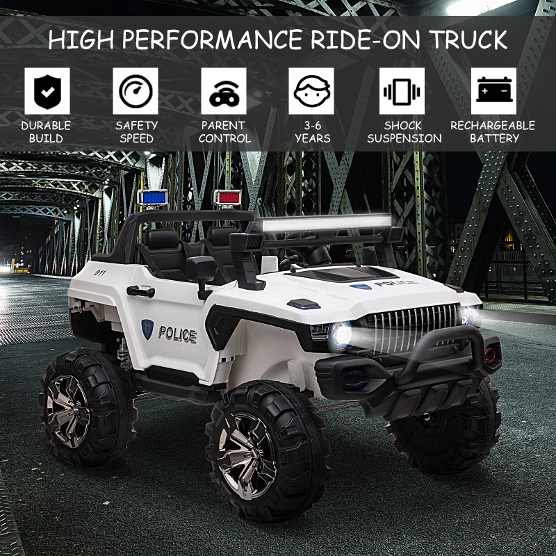 Aosom 53" L 2-Seater 12V Police Car Ride On Truck with Remote Control, Battery Operated Electric Car for Kids with Suspension, MP3 Player, Lights, Music, Horn, White(m-4)