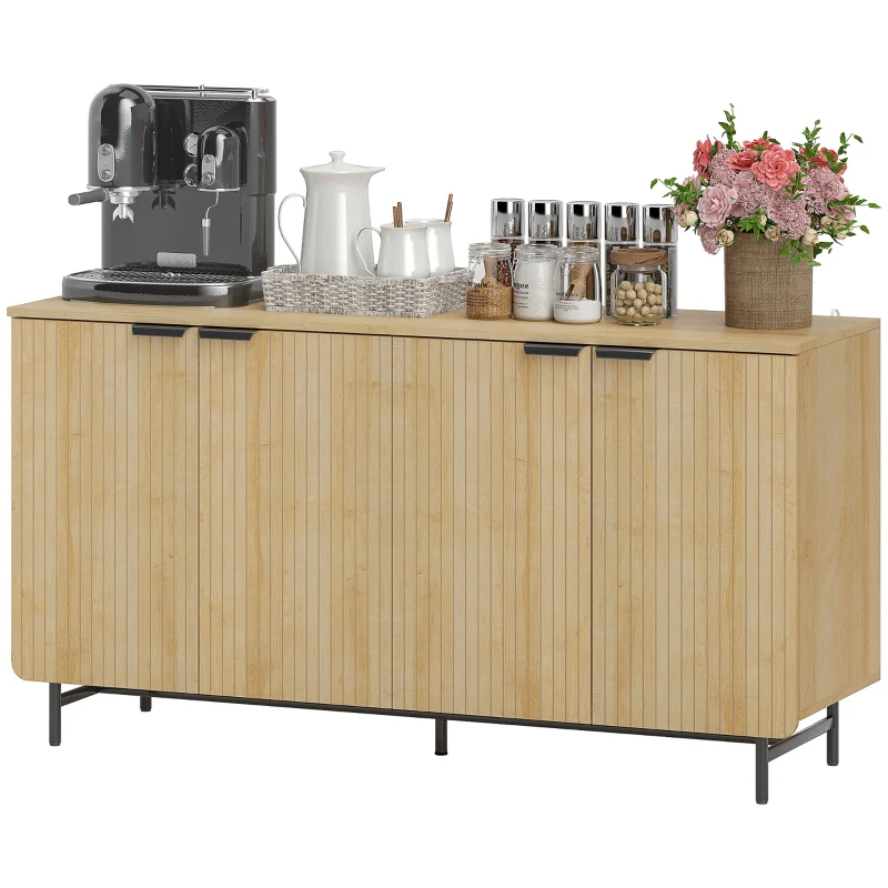 HOMCOM 55" Modern Sideboard, Fluted Buffet Cabinet with Adjustable Shelves, 5 Metal Legs for Kitchen, Living Room, Nature Wood