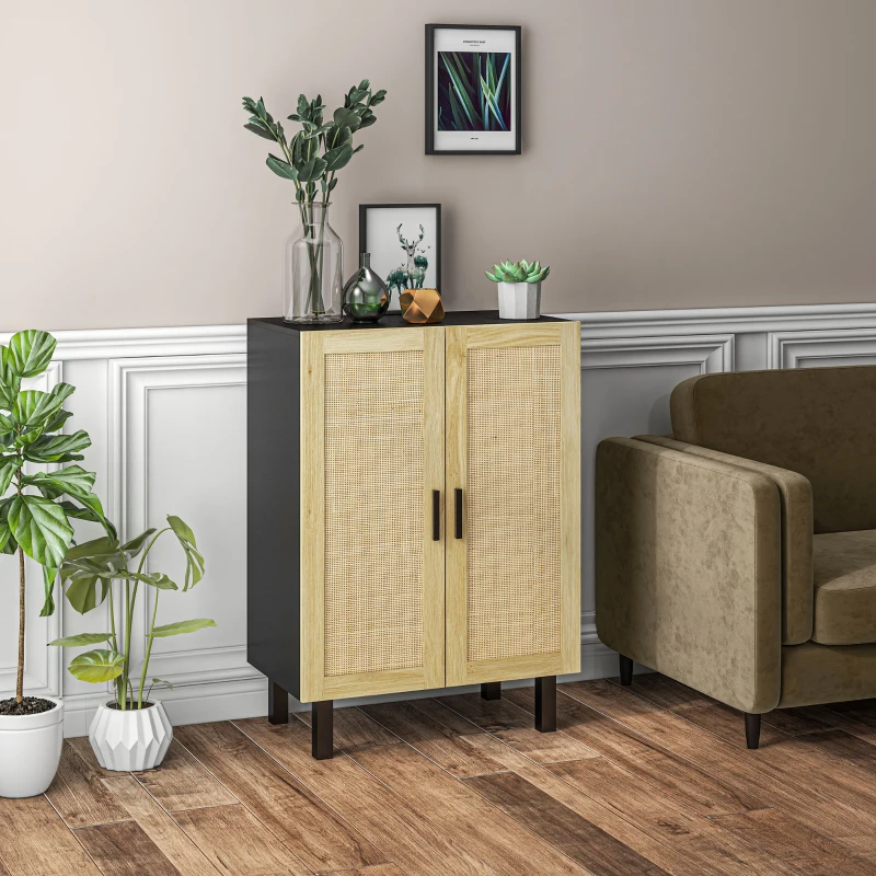 HOMCOM Boho Sideboard, Buffet Cabinet with Storage, Accent Cabinet with 2 Rattan Doors and Adjustable Shelves, Black