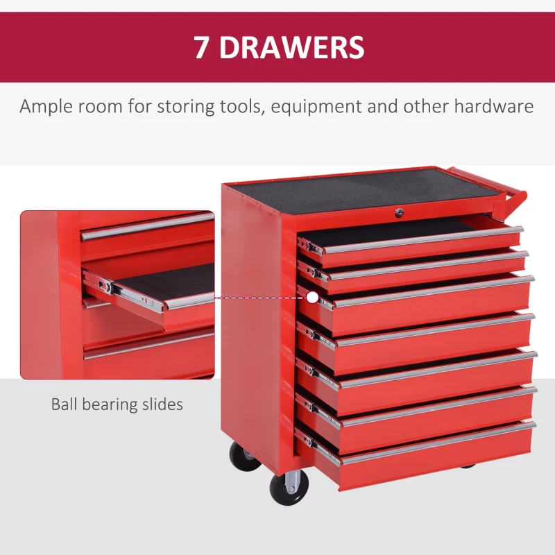 HOMCOM 7 Drawer Roller Tool Chest, Mobile Lockable Toolbox, Storage Organizer with Handle for Workshop Mechanics Garage, Red