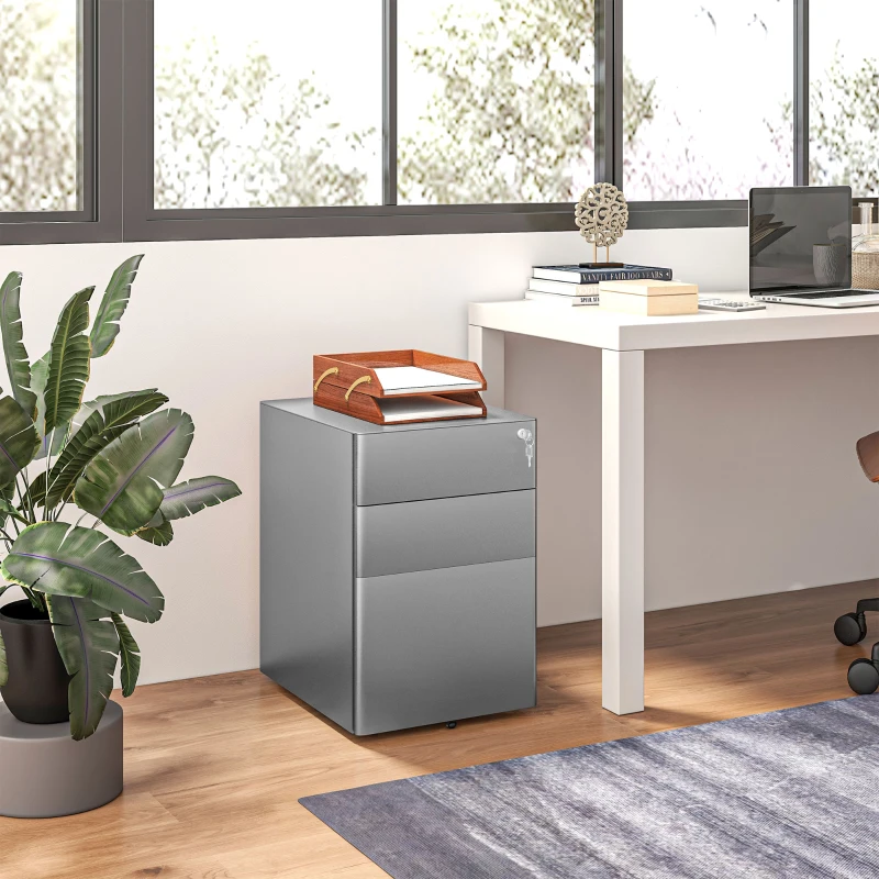 Vinsetto 3 Drawer Filing Cabinet, Steel Home Office Storage Cabinet with Wheels, Lock for A4, Letters, Legal-sized Files, Grey