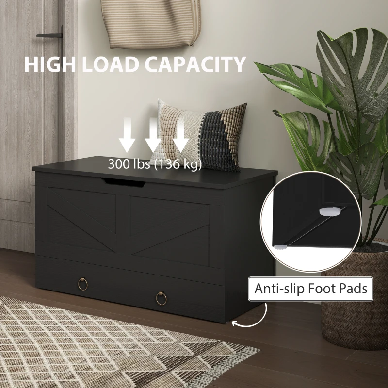 HOMCOM 31.5 Inches Storage Chest, Storage Trunk with 2 Safety Hinges for Living Room, Black Wood Grain