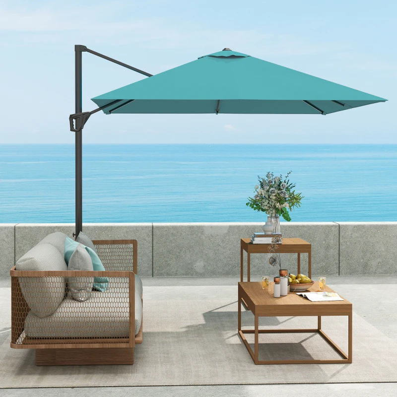 Outsunny 8'x8' Square Patio Hanging Offset Umbrella, Outdoor Cantilever Parasol w/ Cross Base, Blue