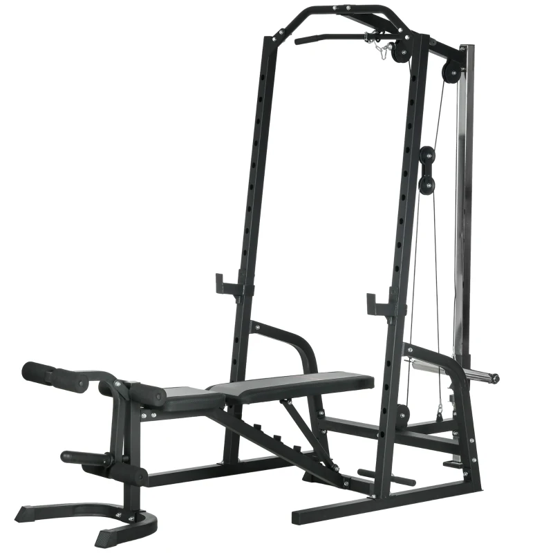 Soozier Smith Machine, Multi-Functional Power Cage w/ Adjustable Bench, Barbell Bar, Cable Pulley System, 15-Level Squat Rack