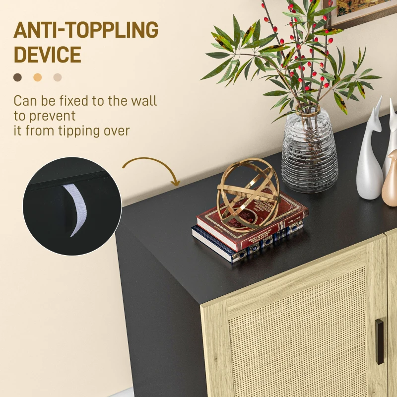 HOMCOM Boho Sideboard Buffet Cabinet with 3 Rattan Doors, Kitchen Cabinet with Adjustable Shelves, Black and Natural