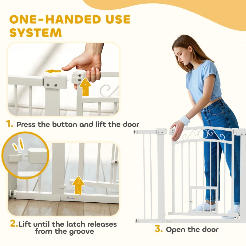 PawHut Dog Gate, Walk Through Pet Gate w/ Small Pet Door, Auto Close, for Doorways, House, Stair, 30"-41" W x 30" H