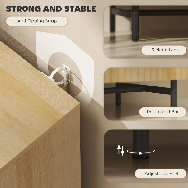 HOMCOM 55" Modern Sideboard, Fluted Buffet Cabinet with Adjustable Shelves, 5 Metal Legs for Kitchen, Living Room, Nature Wood