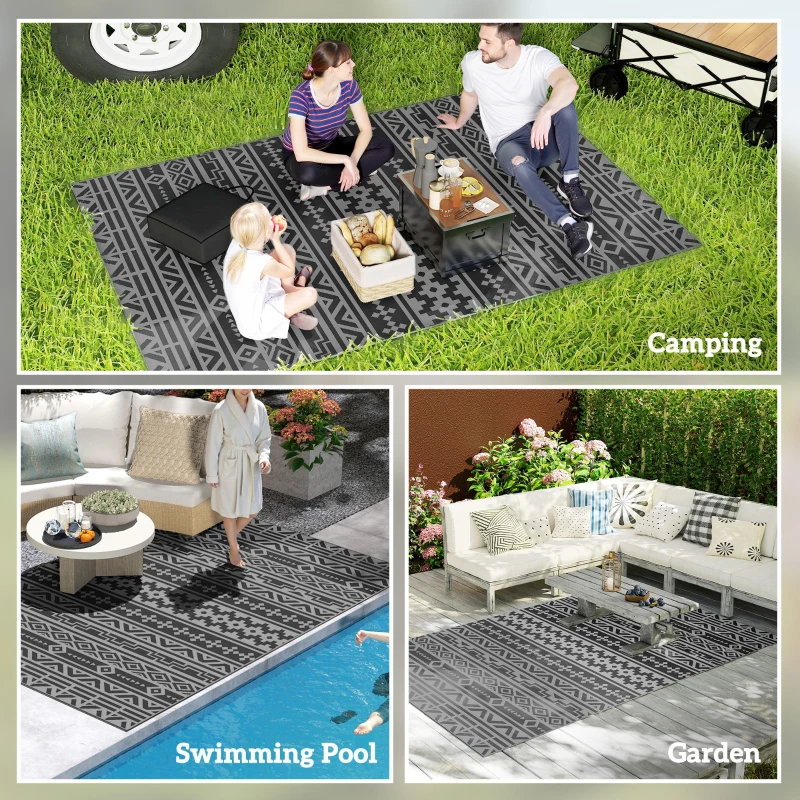 Outsunny Reversible Outdoor Rug, Waterproof Plastic Straw with Carry Bag, 6' x 9', Black & Gray Geometric Wall