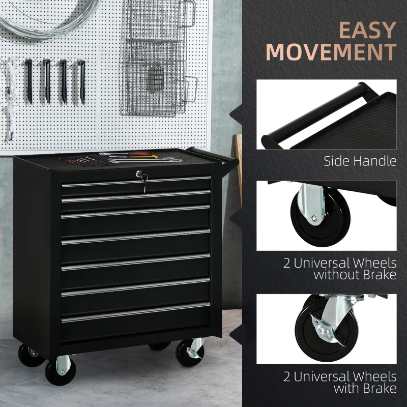 HOMCOM Mobile Lockable Toolbox, 7 Drawer Tool Chest, Storage Organizer with Handle for Workshop, Mechanics, Garage, Black