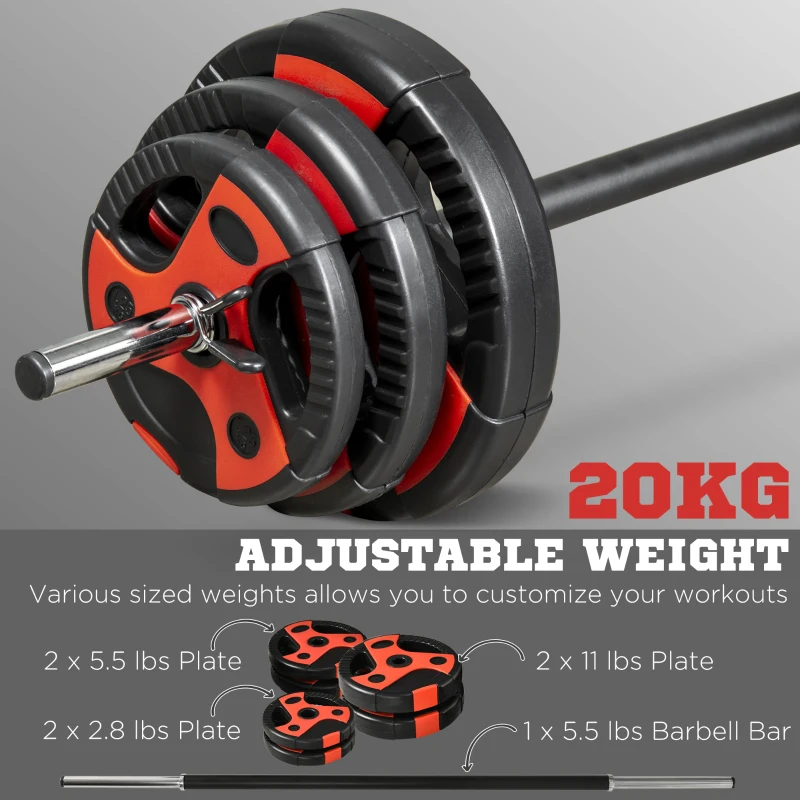 Soozier 44lbs Adjustable Barbell Weight Set, Free Body Pump Bar and Weights, Weight Lifting Strength Training Equipment for Home Gym Exercise, Max Load 110 lbs, Black and Red